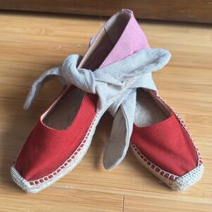 Castaner Pura Bow Flat Espadrilles Womens Size 37 Red Pink Linen Bow Tie Slip On